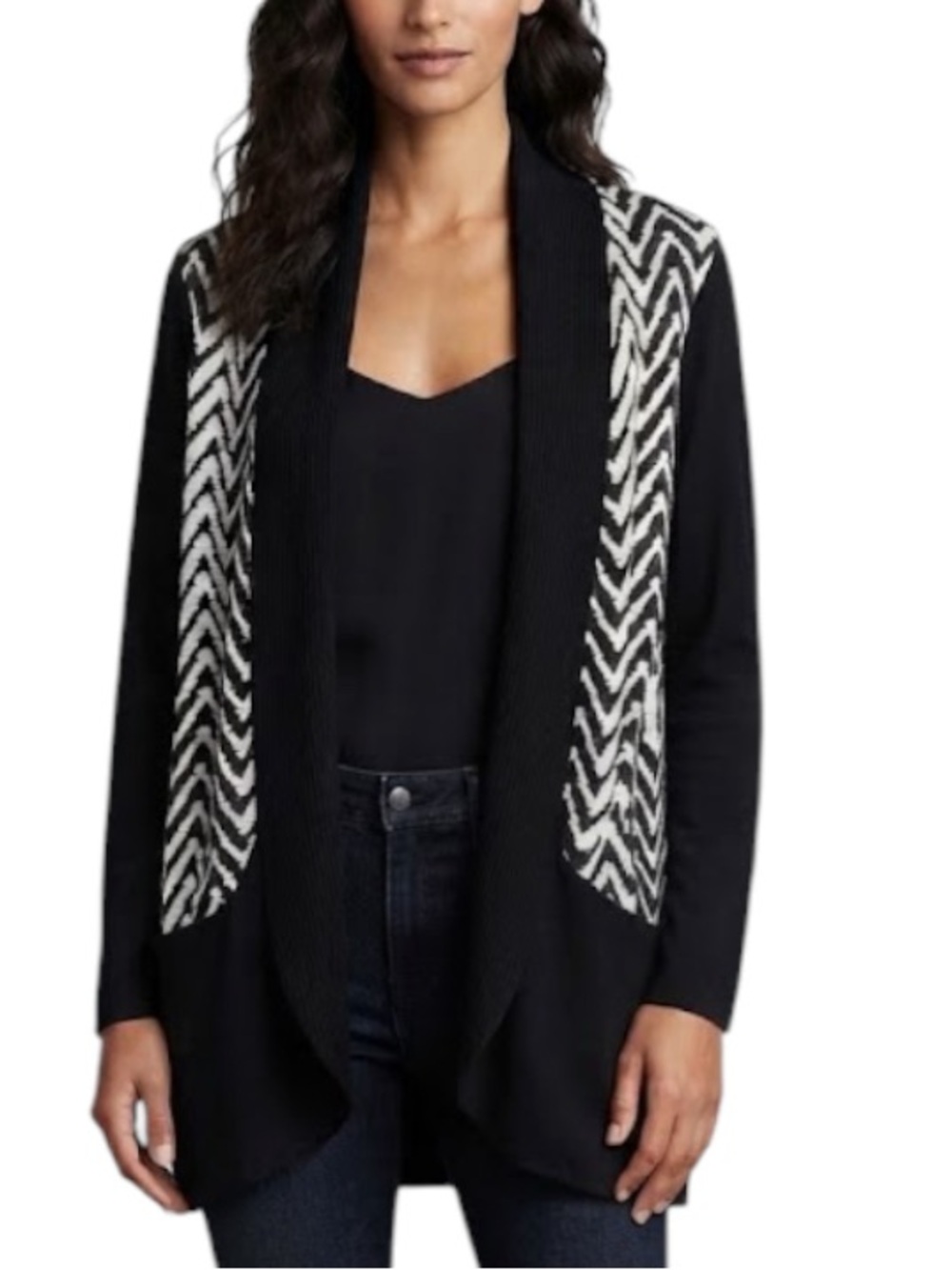 FRANK LYMAN Chevron Jacket Cardigan Large L Black White Mob Wife Career Wear